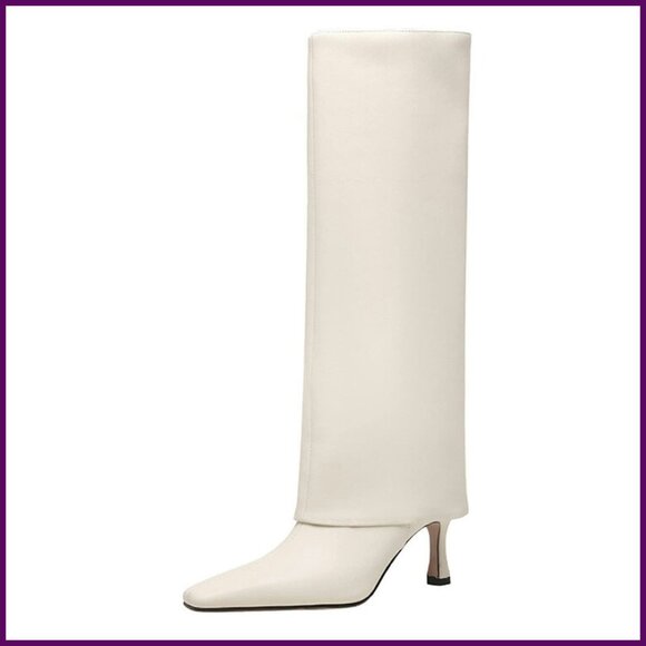 Women's Knee High Stiletto Heel Boots Square Toe Slip On Fold Over PU Leather
